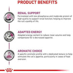Product benefits for a cat food formulation with renal support, adapted energy, and aromatic choice.