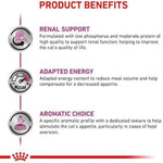 Product benefits for a cat food formulation with renal support, adapted energy, and aromatic choice.