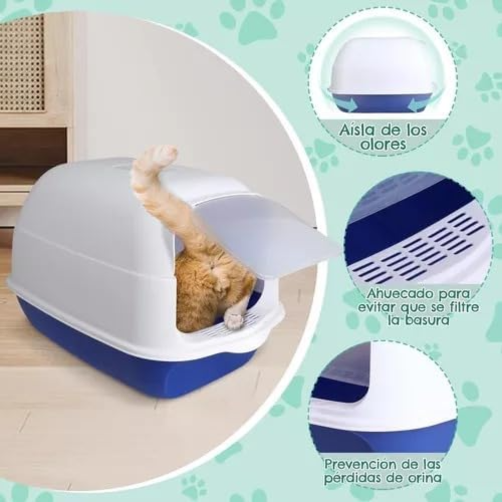 Cat litter box with a cat inside, featuring text in Spanish about its features.