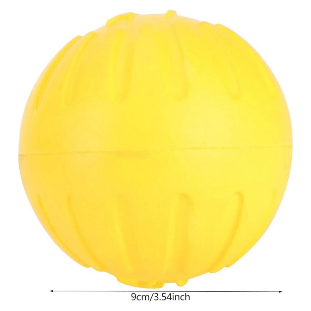 Yellow ball with dimensions indicated on a white background