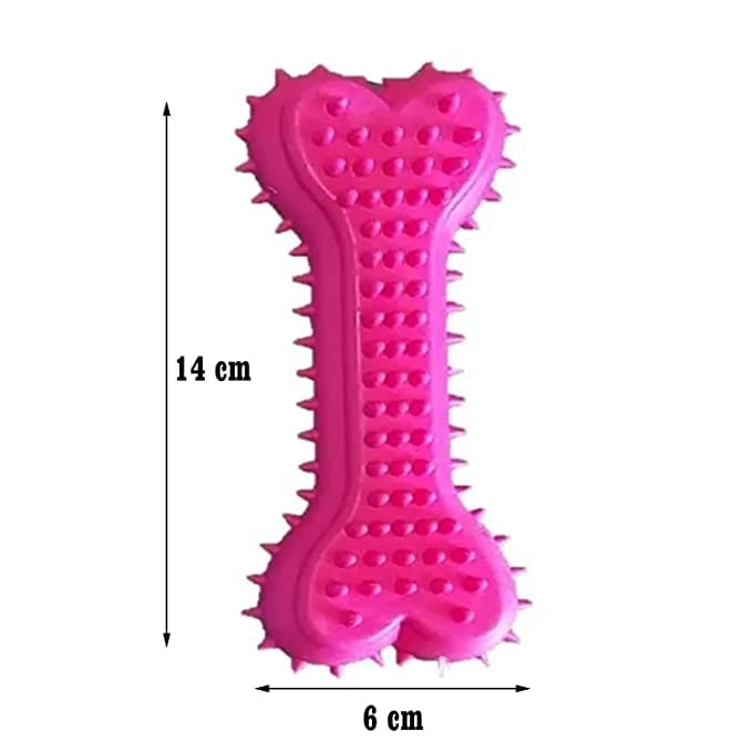 Pink bone-shaped dog toy with measurements on a white background