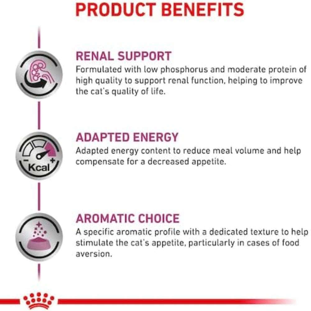Product benefits for a cat food formulation with renal support, adapted energy, and aromatic choice.