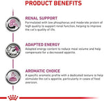 Product benefits for a cat food formulation with renal support, adapted energy, and aromatic choice.