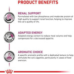 Product benefits for a cat food formulation with renal support, adapted energy, and aromatic choice.