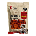 Dog treat package with beef treats and two dogs on a beige background