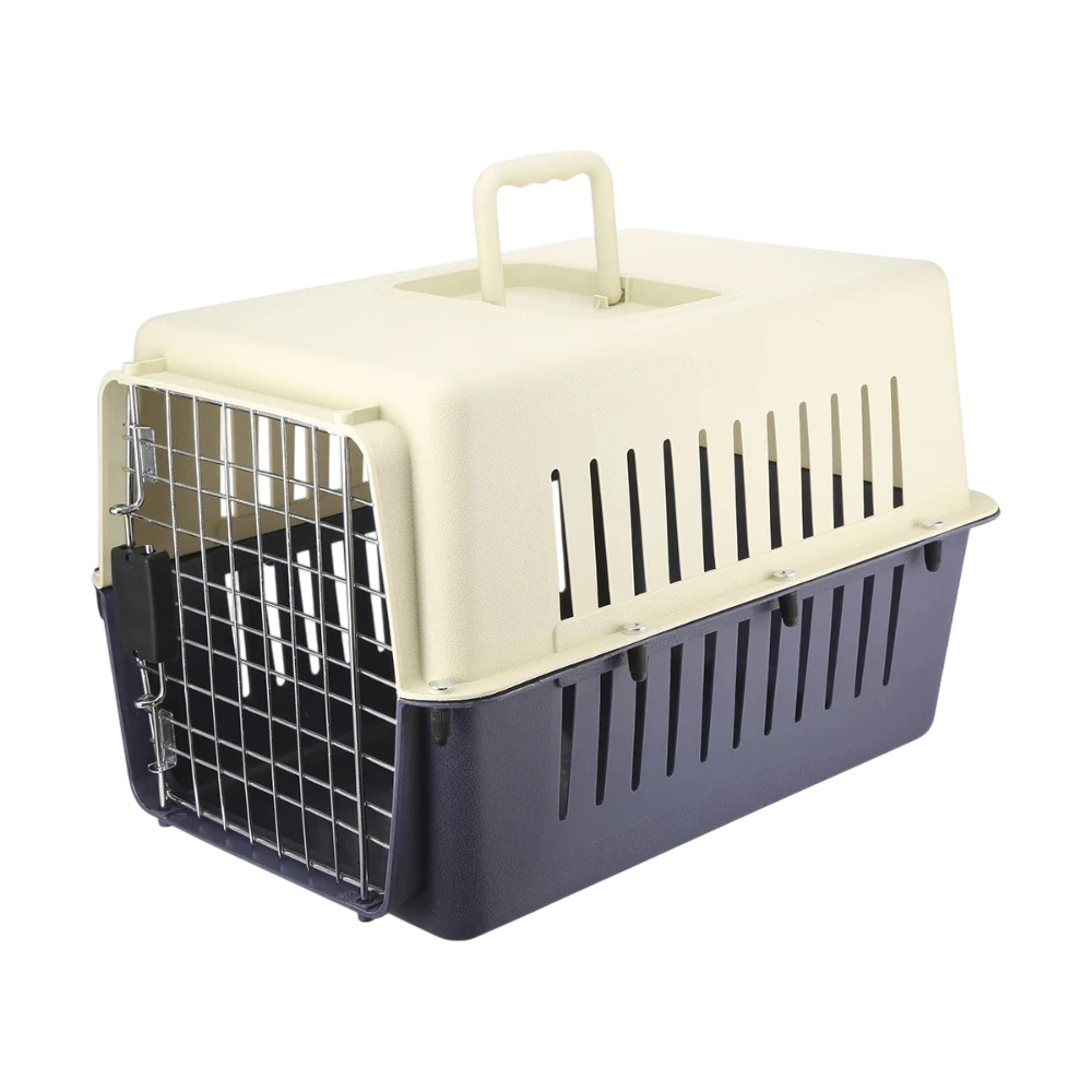Pet carrier with beige top and black bottom on a white background