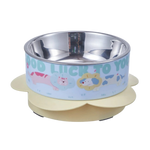 Pet bowl with cartoon design and text on a white background