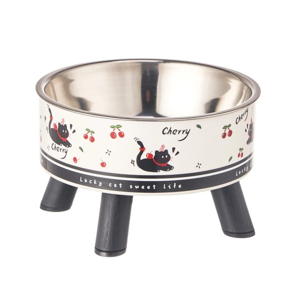 Stainless steel pet bowl with black cat illustrations on a white background
