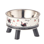 Stainless steel pet bowl with black cat illustrations on a white background
