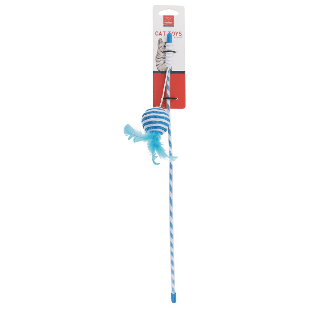 Blue and white striped cat toy with feather on a white background