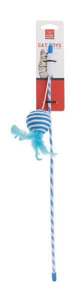 Blue and white striped cat toy with feather on a white background