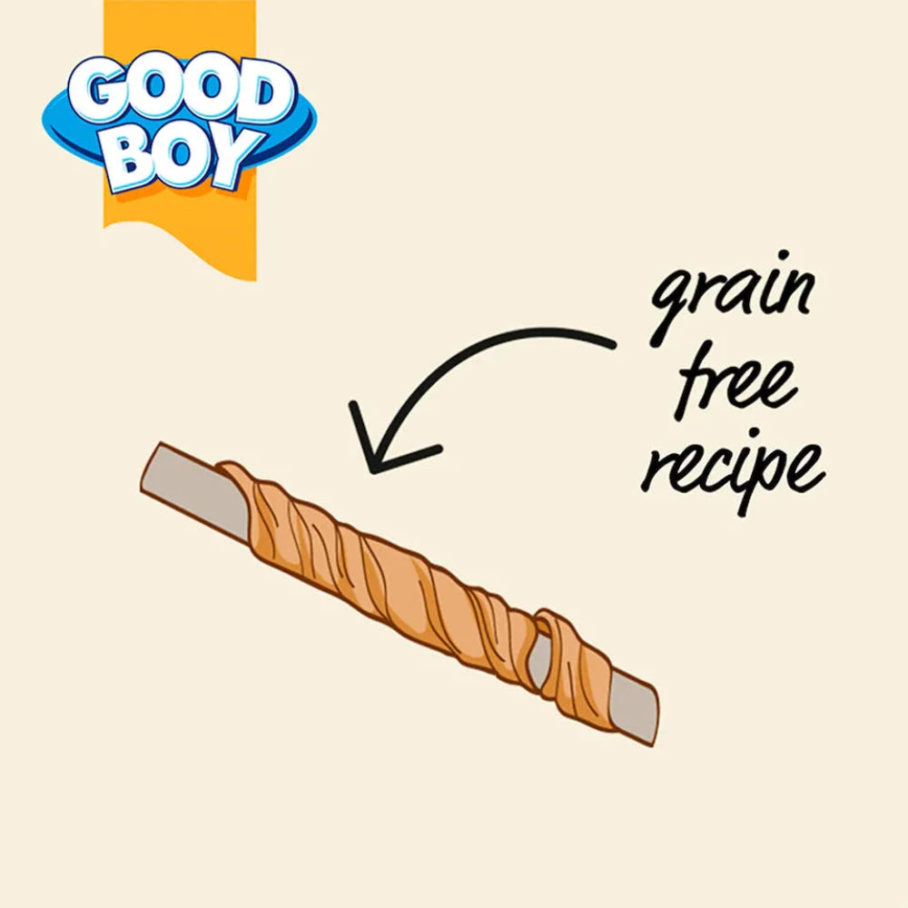 Dog treat with 'Good Boy' branding and text indicating a grain-free recipe on a beige background.