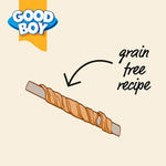 Dog treat with 'Good Boy' branding and text indicating a grain-free recipe on a beige background.
