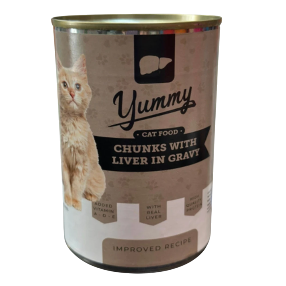 Can of cat food with a cat on the label on a white background