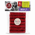 Pack of red beef dog treats in a clear plastic bag with a circular white label, shown below a printed header card with a dog photo, '14 pieces' badge, and analysis details.