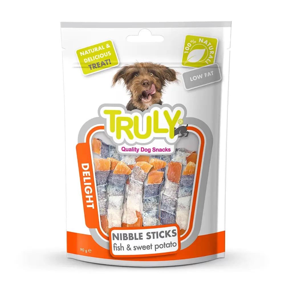 Truly Dog Snacks Delight Nibble Sticks Fish and Sweet Potato 90g.