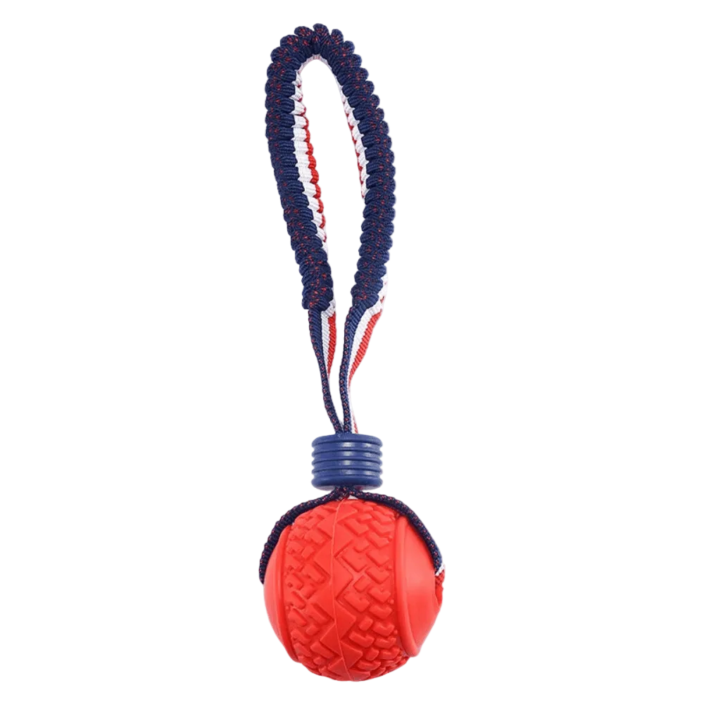 Red ball with blue and red rope on a white background