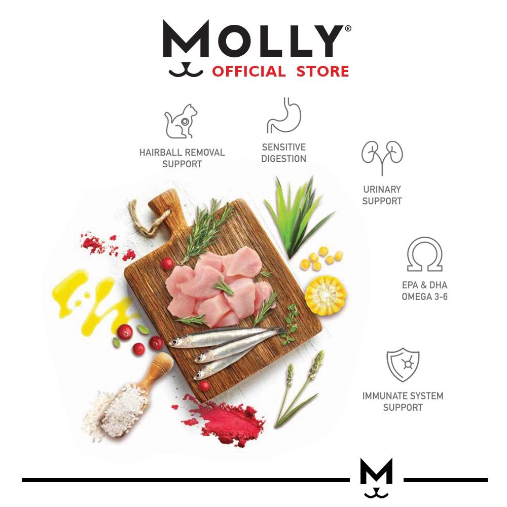 Promotional graphic for Molly pet food with ingredients and health benefits on a white background