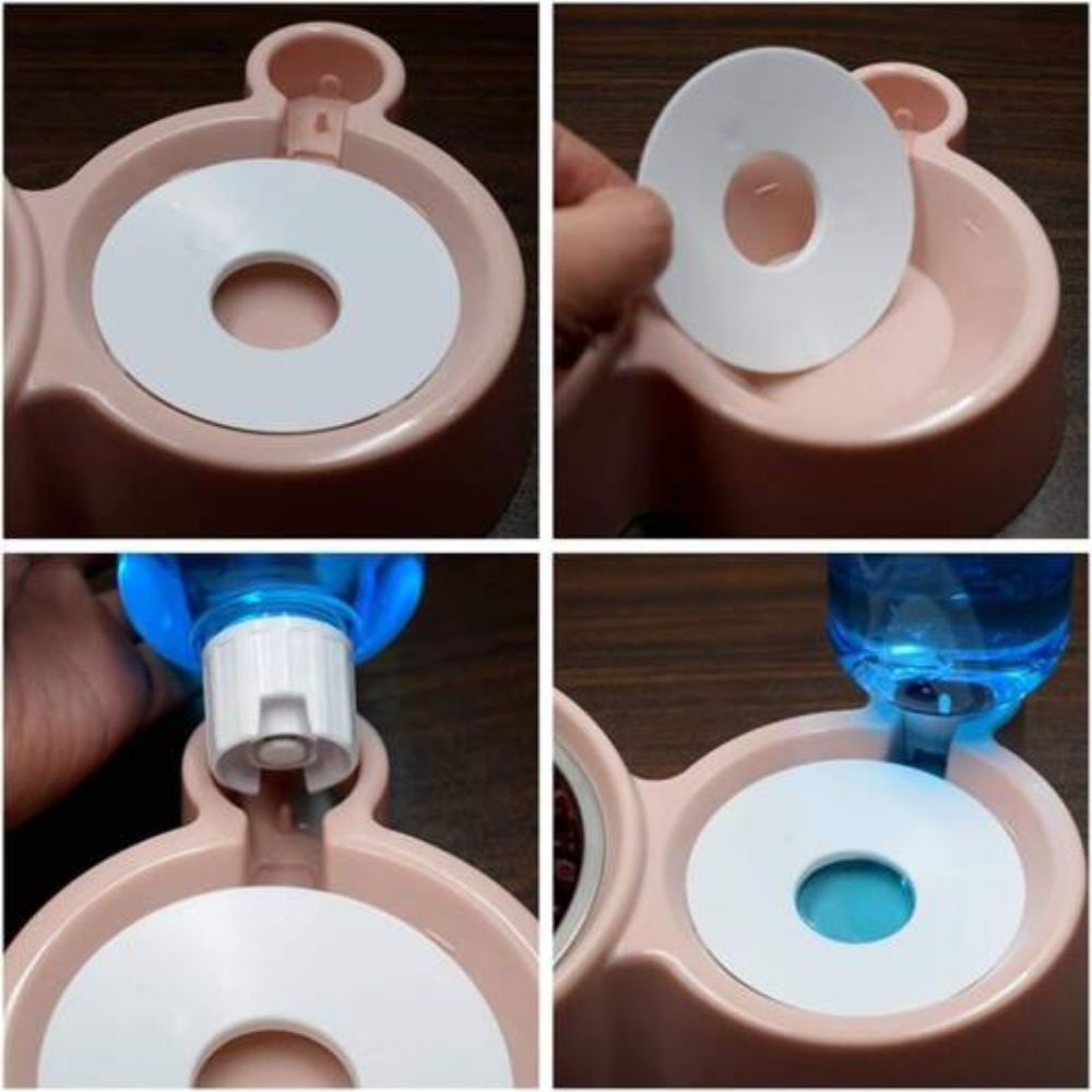 Step-by-step process of using a small container with a lid and blue pump.