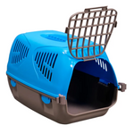 Blue and brown pet carrier with open door on a white background