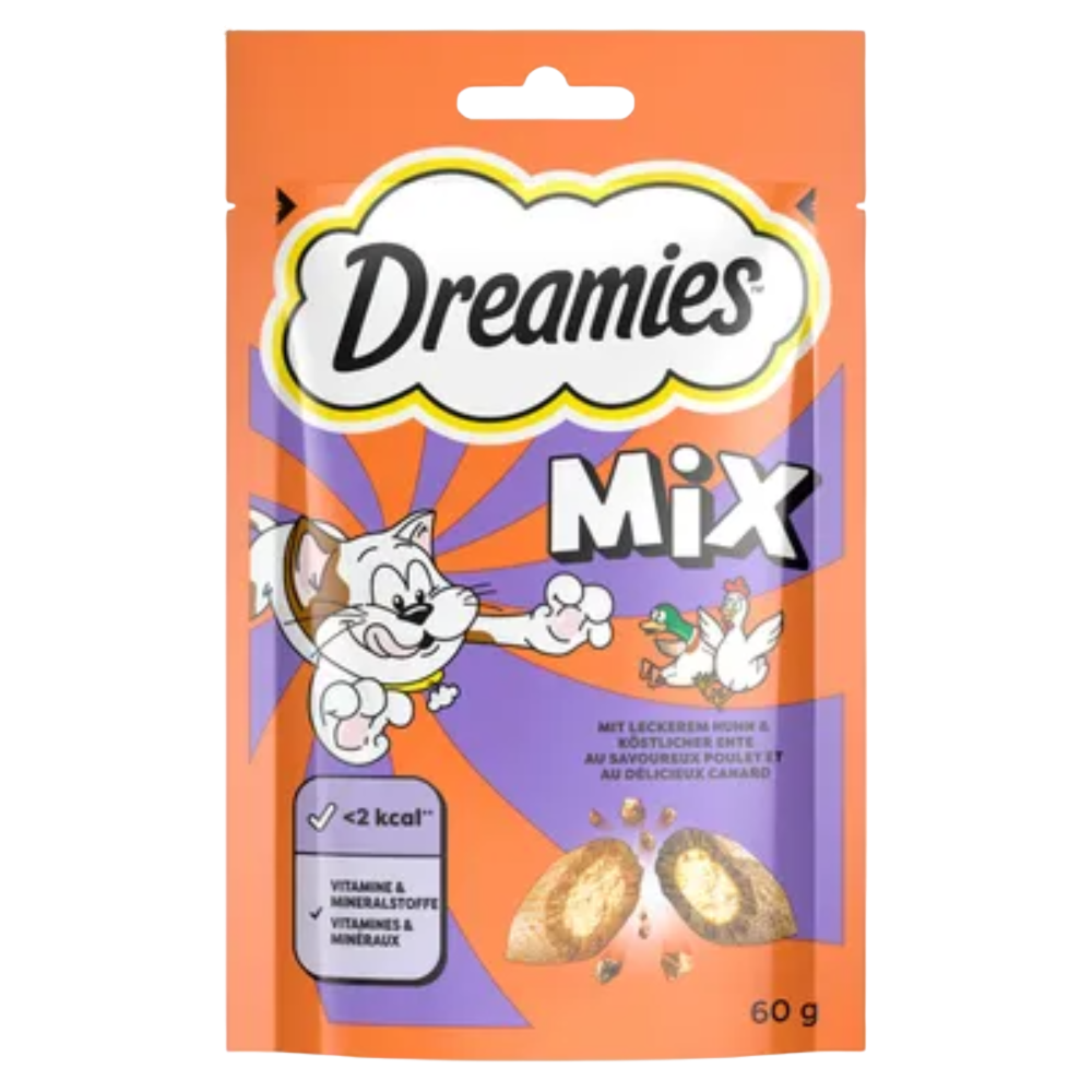 Dreamies cat treat mix packaging with cartoon cat and orange background