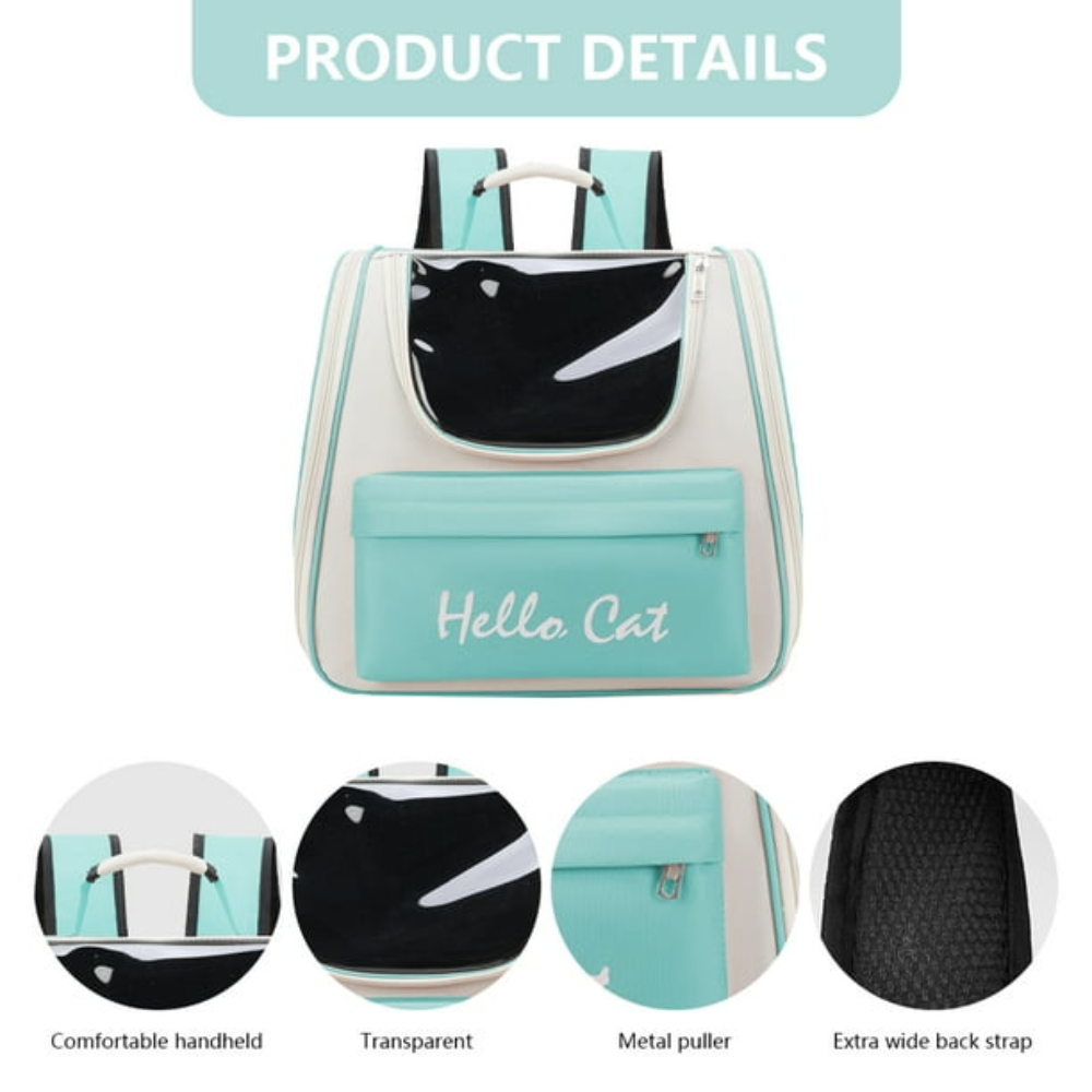 Pet carrier with 'Hello Cat' branding, showing different features on a white background.