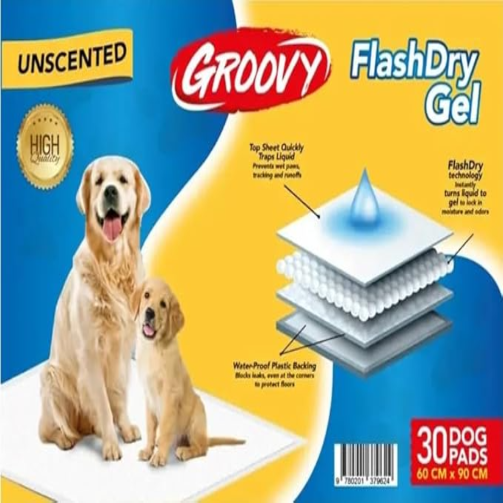 Groovy FlashDry Gel packaging with two dogs on a blue and yellow background