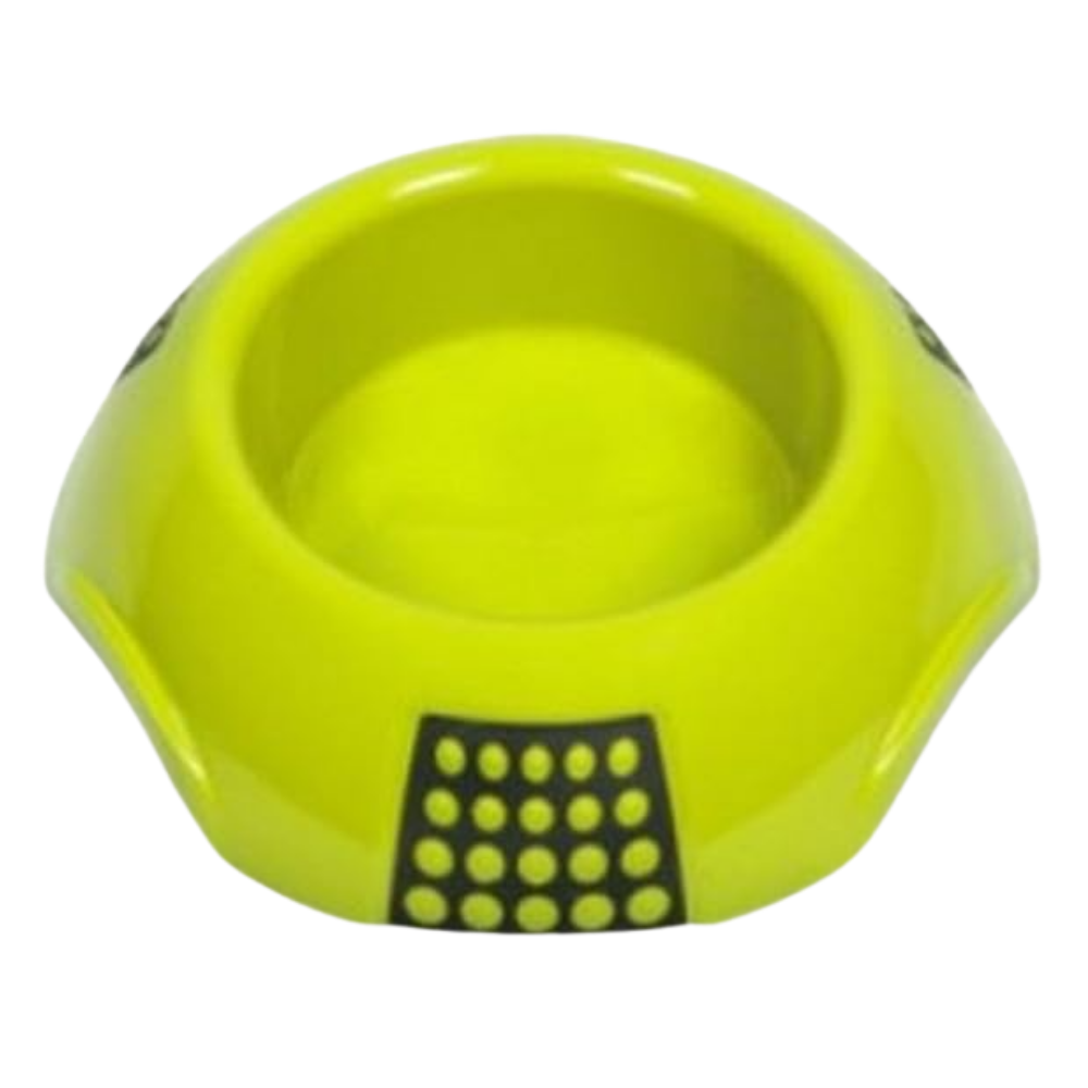Green pet bowl with black pattern on a white background