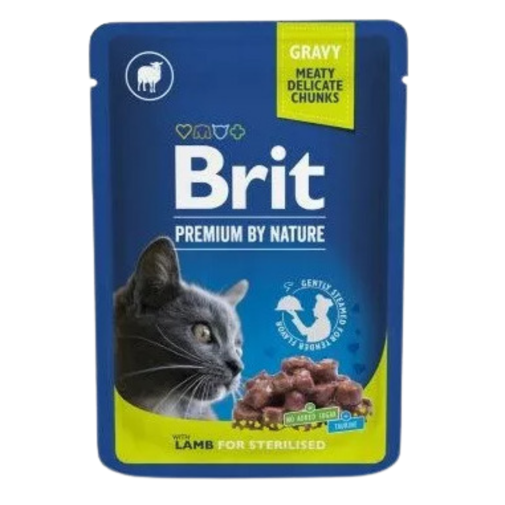 Brit premium cat food pouch with a blue and green design on a white background