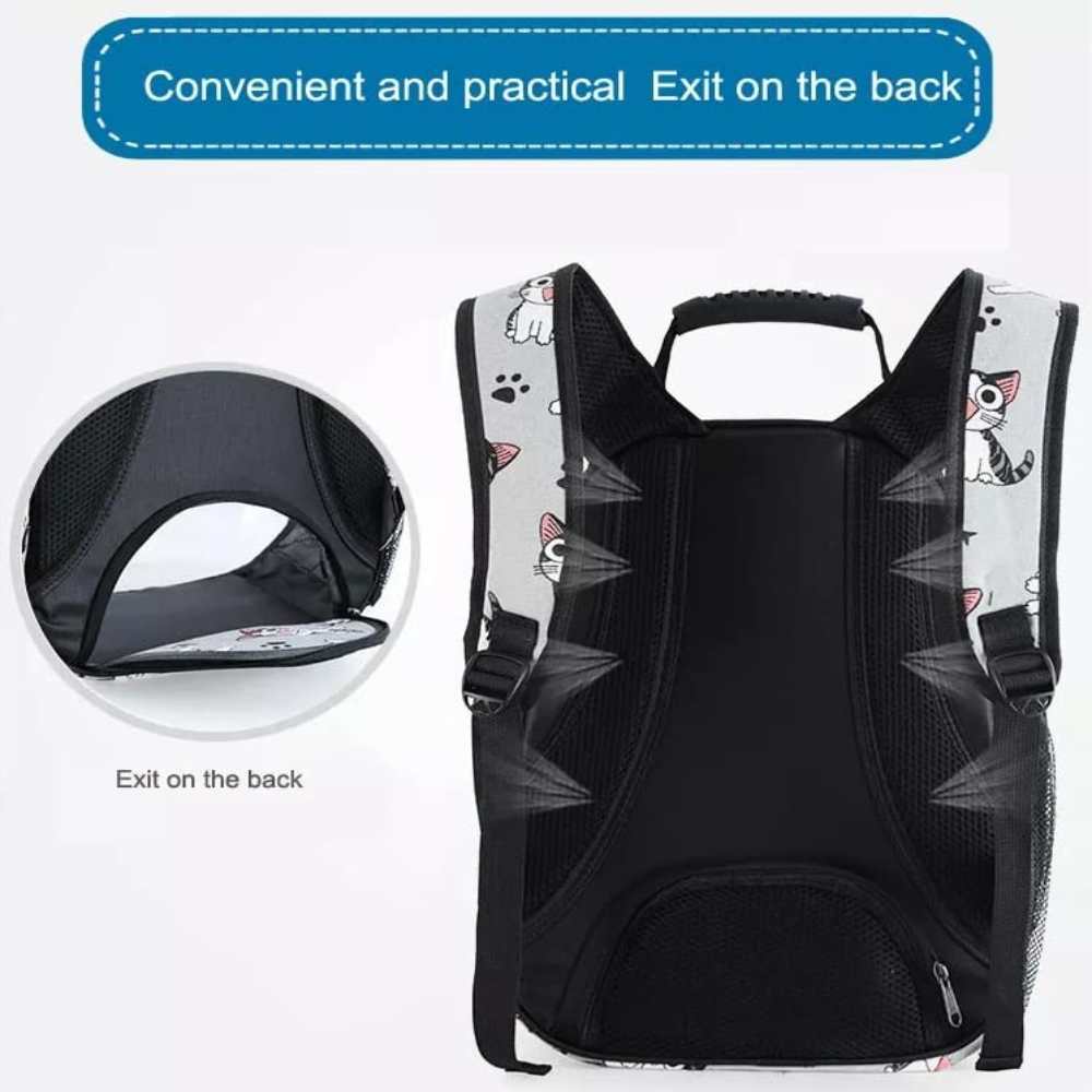 Black pet carrier with cat design on the back, showing an exit door on the back.