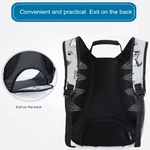 Black pet carrier with cat design on the back, showing an exit door on the back.
