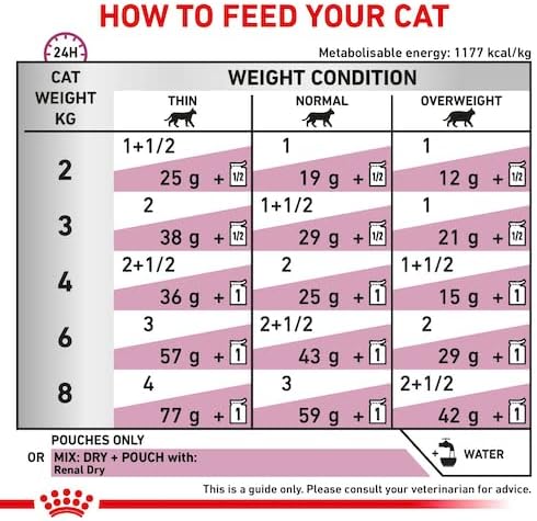 Feeding chart for cats showing recommended portions based on weight and condition.