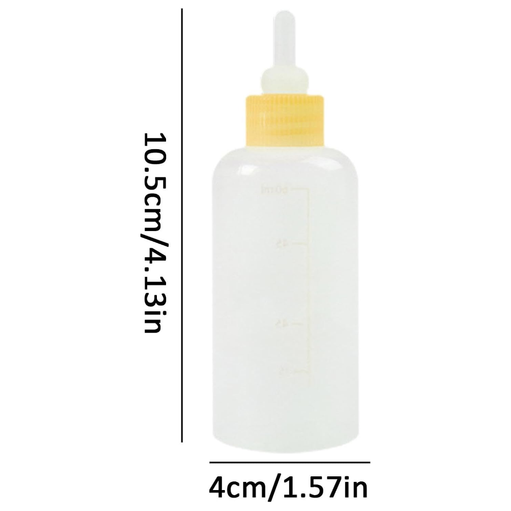 White dropper bottle with yellow cap on a white background, showing dimensions.