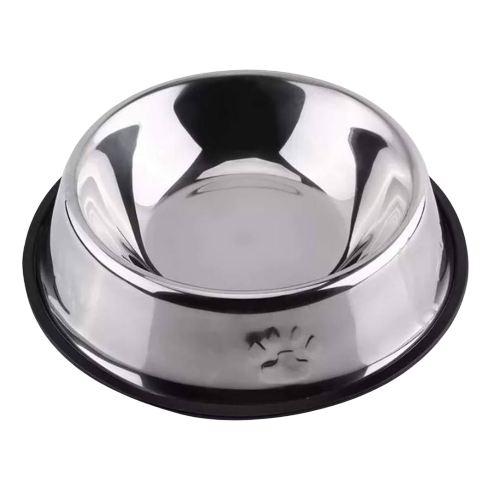 Stainless steel pet bowl with black base on a white background