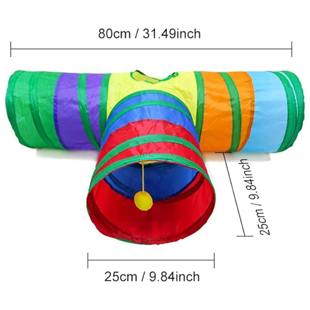 Colorful tunnel toy with dimensions on a white background
