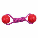 Dog toy with two red balls and a pink rope on a white background