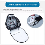 Pet backpack with an elastic nylon belt and hardware hook for safe travel.