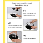 Step-by-step installation guide for a space capsule pet backpack with hands demonstrating each step.
