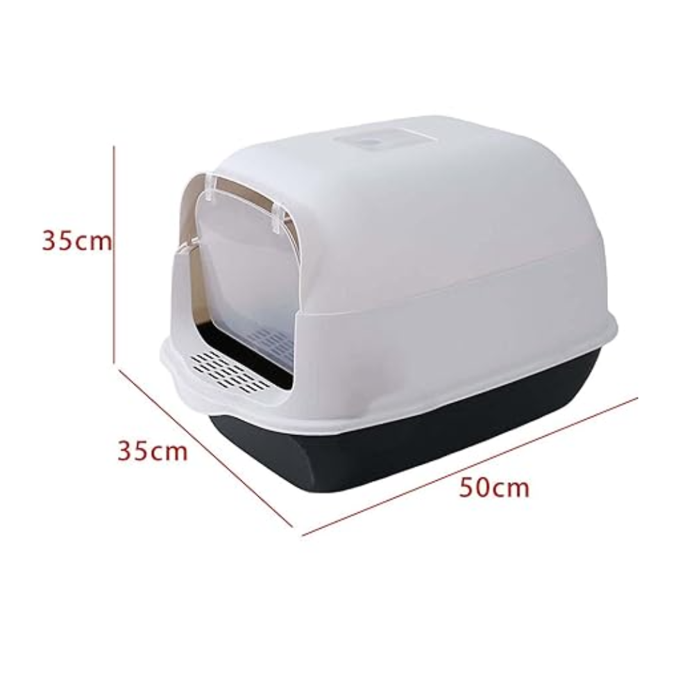 White cat litter box with dimensions indicated on a white background
