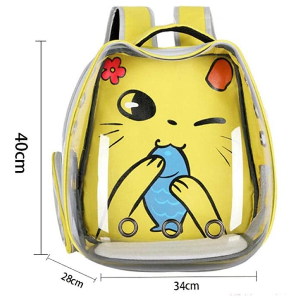 Yellow backpack with cartoon design and measurements on a white background