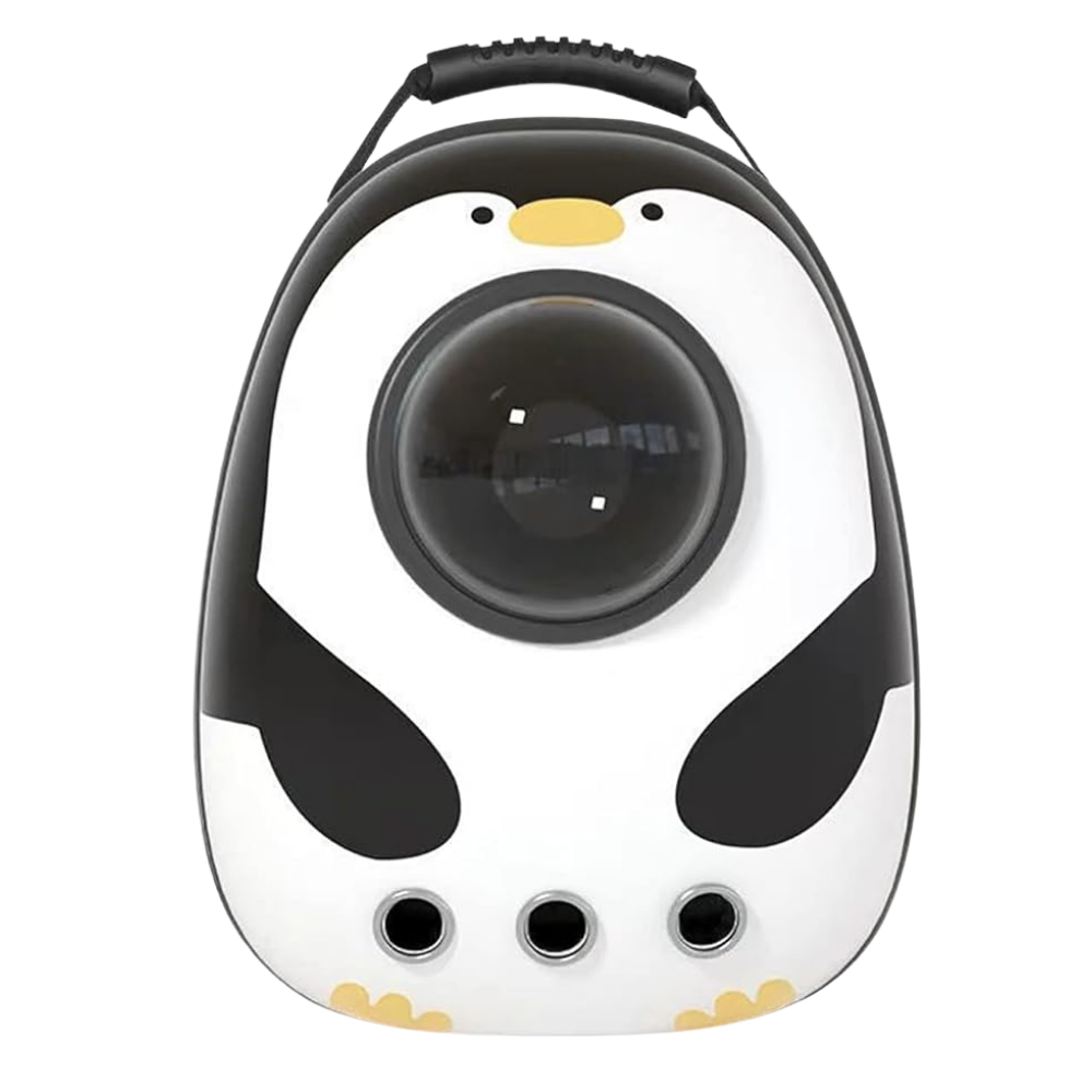 Penguin-shaped pet carrier with a black interior on a white background