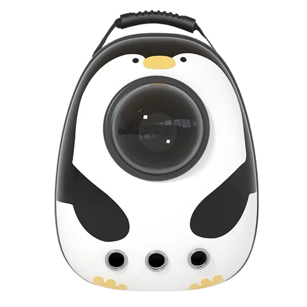 Penguin-shaped pet carrier with a black interior on a white background