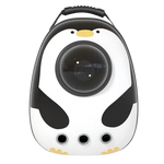Penguin-shaped pet carrier with a black interior on a white background
