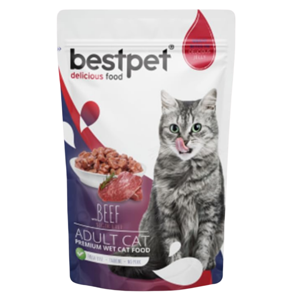 Package of BestPet adult cat food with a cat on the label
