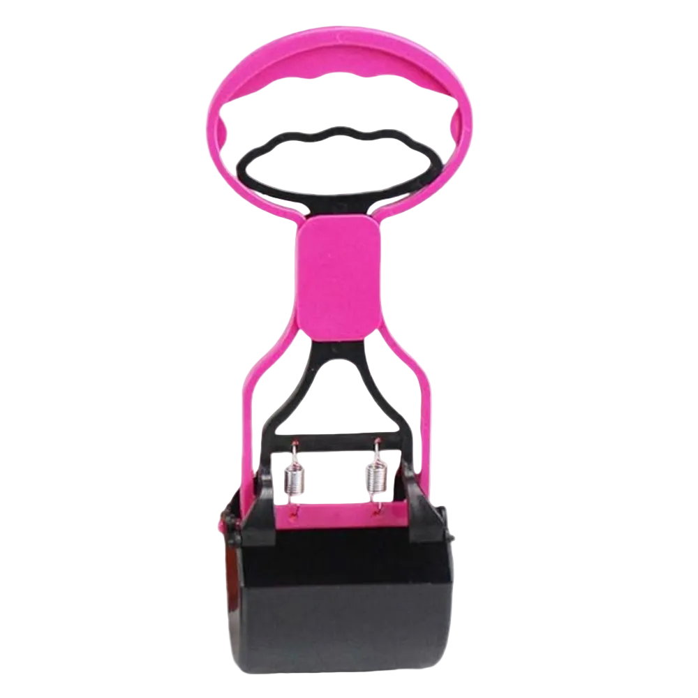 Pink and black dog waste bag dispenser on a white background