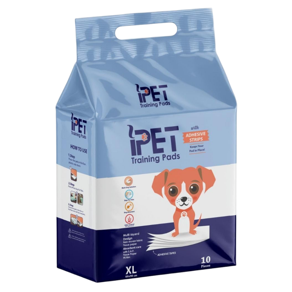 Package of iPet training pads with a cartoon dog illustration on a white background