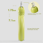 Yellow pet grooming tool with measurements and features on a white background