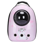 Pink pet carrier with a cat design on a white background