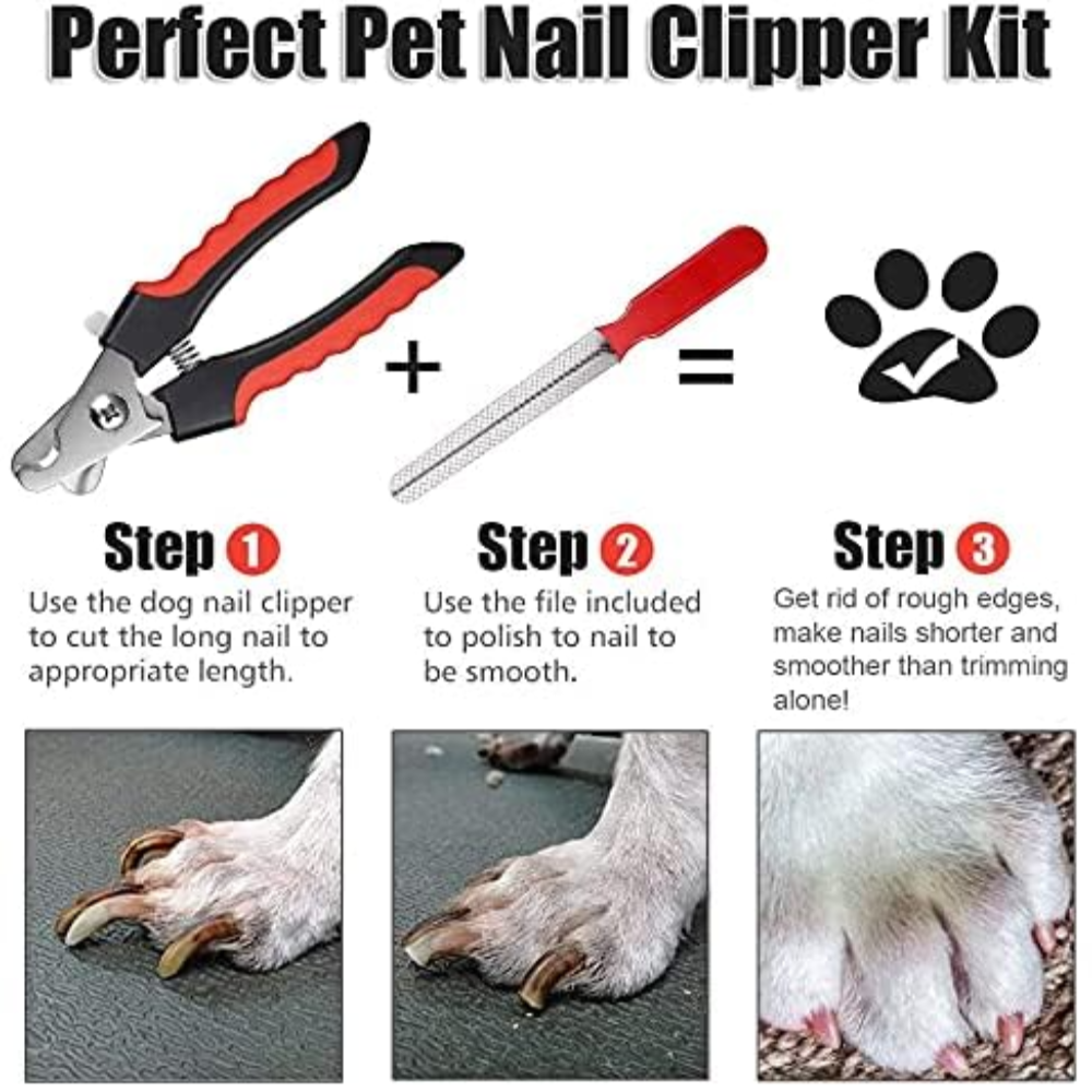 Pet nail clipper kit with instructions on how to use it, including a dog's paw before and after clipping.