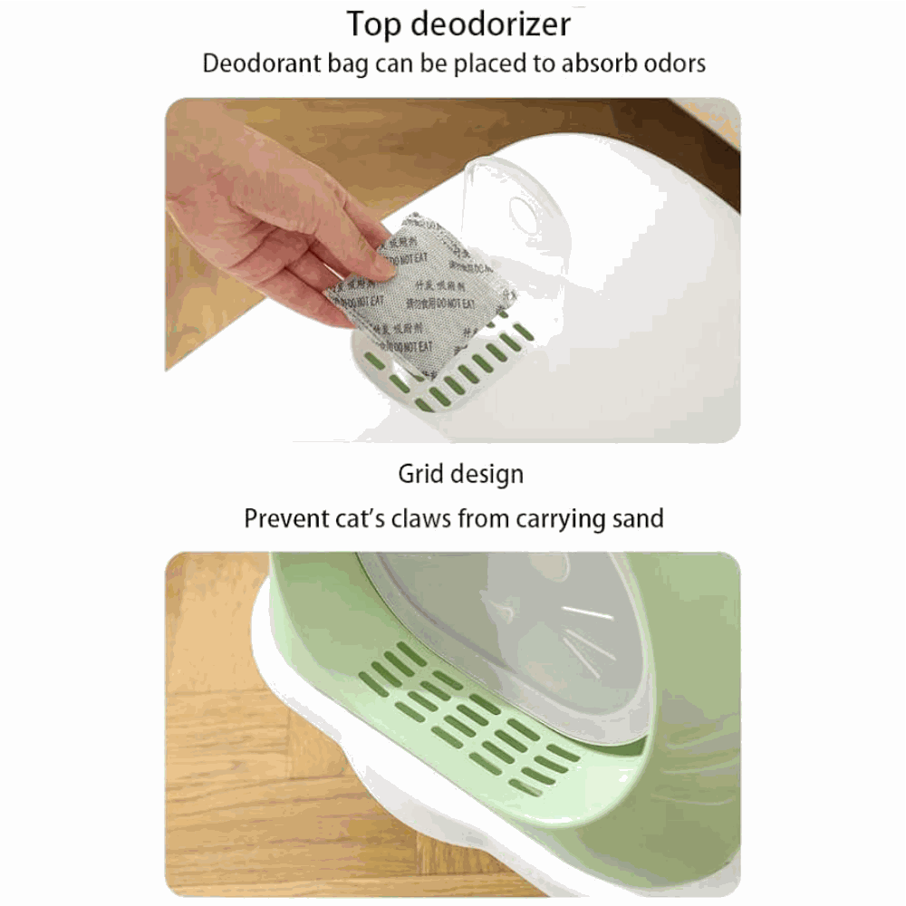 Pet litter box with deodorizer bag and grid design on a wooden surface